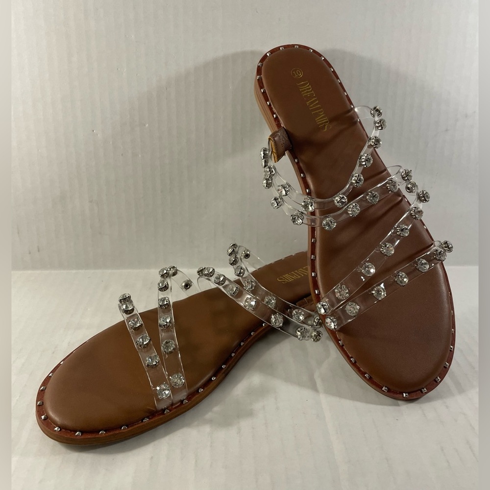 DREAM PAIRS Women's Clear Studded Rhinestone Slide Sandals, Size 10